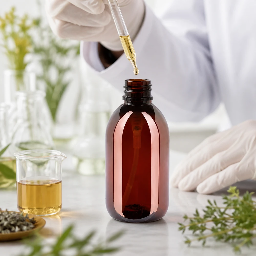 Laborant napełnia bursztynowobrązową butelkę PET o pojemności 250 ml za pomocą pipety – przeznaczoną do kosmetyków naturalnych