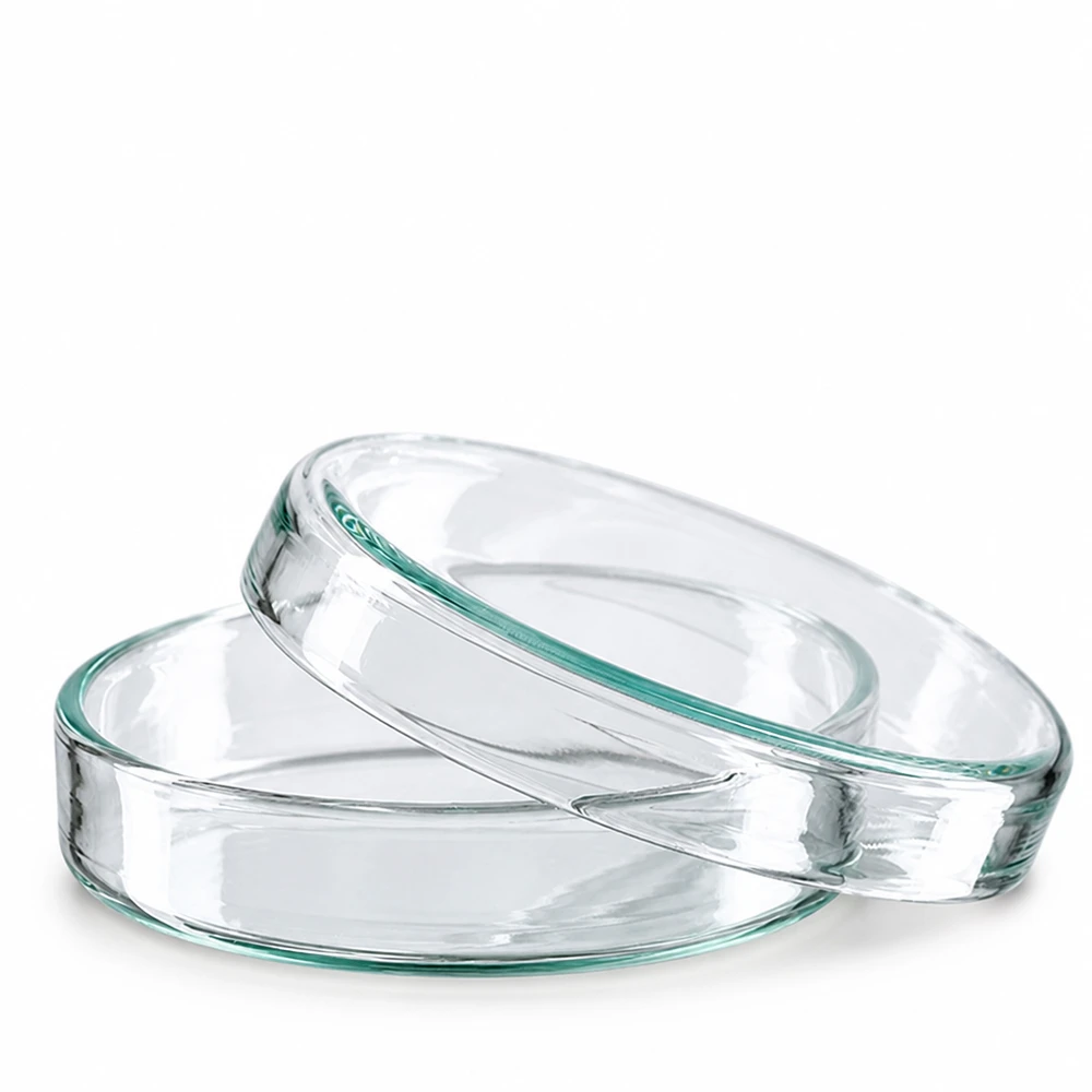 Szalka Petriego 60 mm wykonana z przezroczystego szkła laboratoryjnego do hodowli mikroorganizmów i kultur komórkowych. Wysokość 15 mm Dwie ułożone jedna na drugiej szklane szalki Petriego o wymiarach 60 x 15 mm, przezroczyste na białym tle