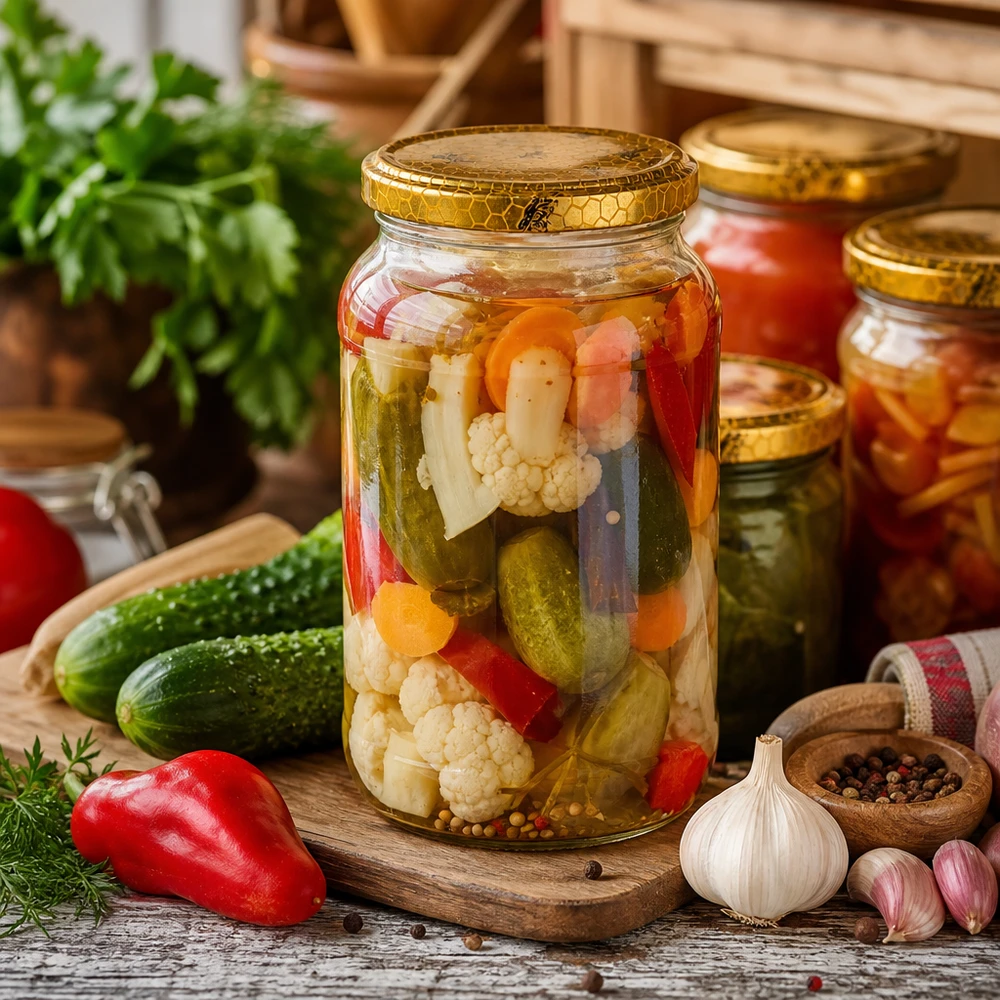 Słoik okrągły 1062 ml + pokrywka BasicSeal o strukturze plastra miodu UN.. 1062ml Rundglas mit Bienenwabe-Deckel als Einmachglas für eingelegtes Gemüse Gurken Paprika Blumenkohl mixed pickles