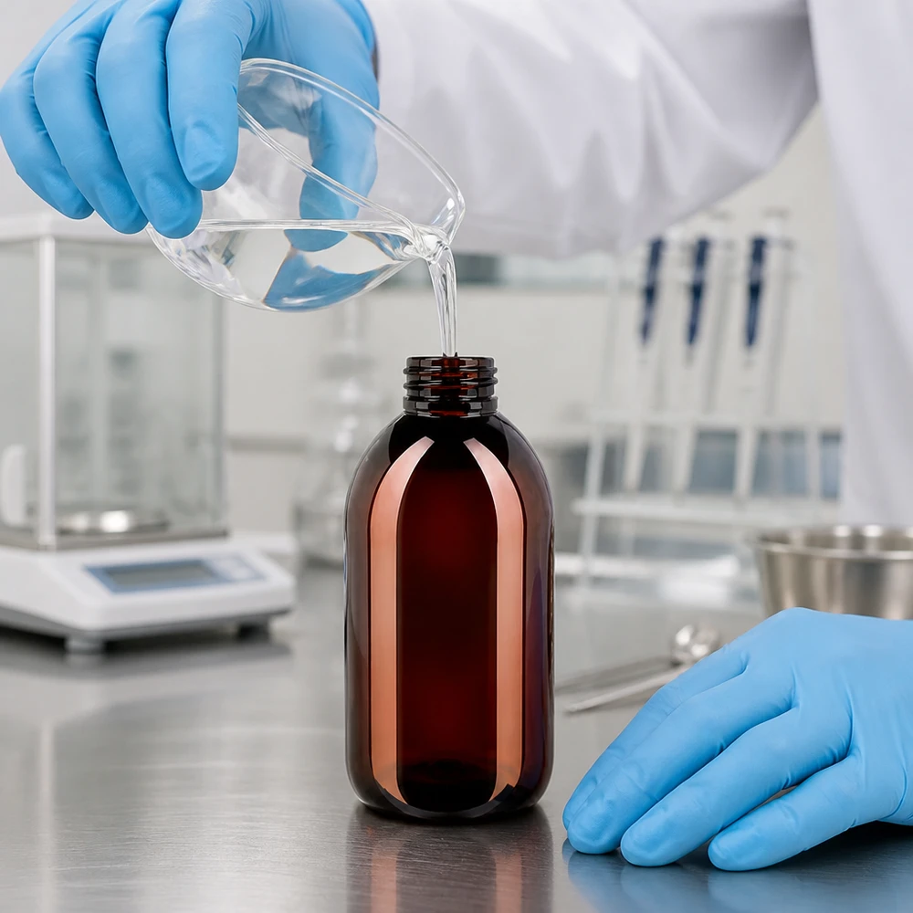 Technik laboratoryjny napełnia brązową butelkę PET o pojemności 250 ml przezroczystym płynem z szklanego kubka