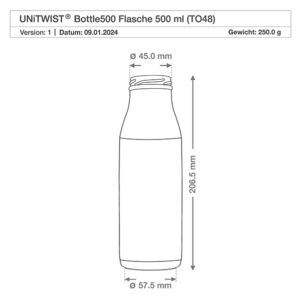 Szklana butelka 500 ml bez pokrywki (TO48) UNiTWIST. Całkowicie szczelna z dużym otworem. Do mleka, soków i lemoniady. Wymaga pokrywki TO48 Rysunek techniczny szklanej butelki TO48 UNiTWIST o pojemności 500 ml i wymiarach: wysokość 205,5 mm, średnica 57,5 mm, waga 250 g.