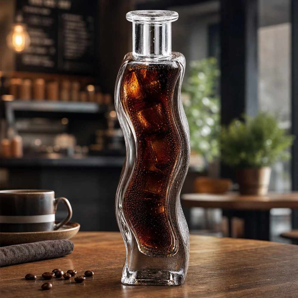 Szklana butelka Melissa 100 ml wypełniona napojem typu cola i kostkami lodu w nowoczesnej kawiarni na drewnianym stole