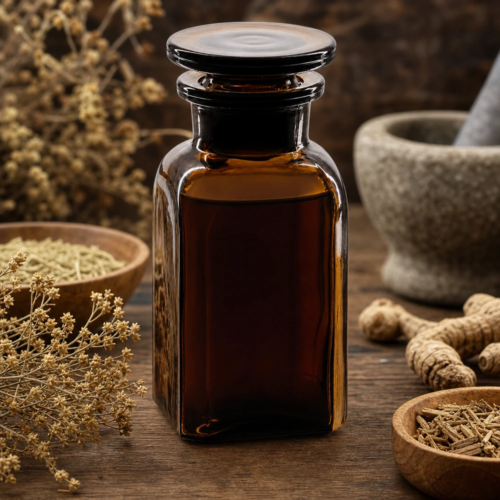 Kwadratowa butelka 100 ml z brązową szeroką szyjką i szklanym korkiem Butelka kwadratowa 100 ml z brązowego szkła z ziołami i moździerzem – pojemnik do przechowywania środków ziołowych