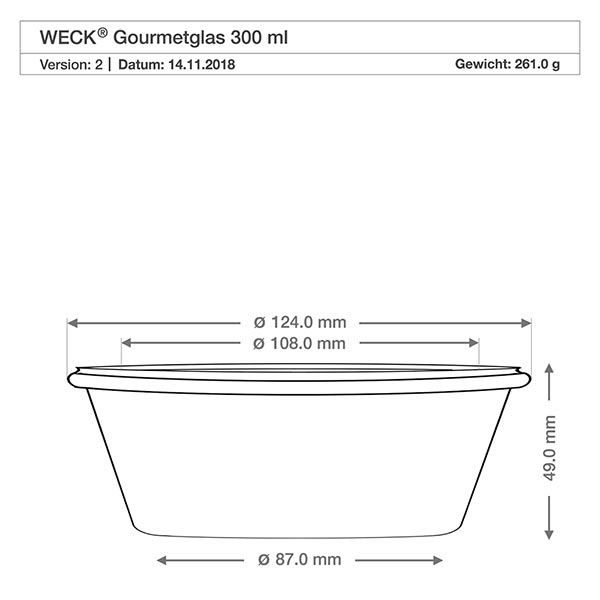 Słoik dla smakoszy WECK RR120 o pojemności 300 ml Rysunek techniczny słoika WECK RR120 gourmet 300ml o wymiarach średnica 124mm 108mm 87mm wysokość 49mm