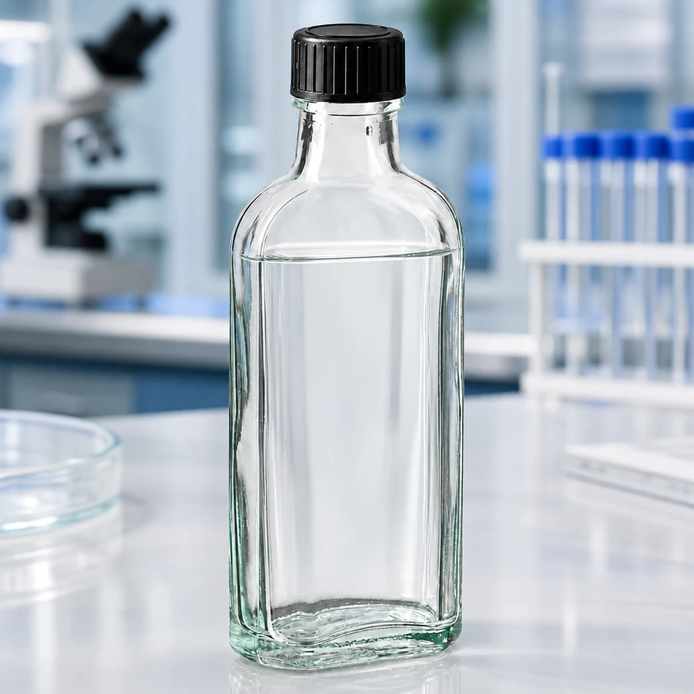 Prostokątna, przezroczysta szklana butelka o pojemności 100 ml z czarną zakrętką przed mikroskopem w laboratorium
