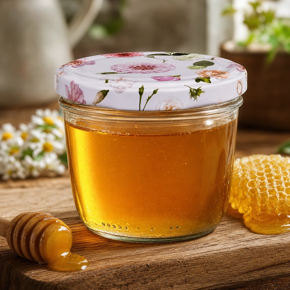 Kubki o pojemności 230 ml wypełnione miodem Pokrywka BasicSeal Słoik na miód z kwiatowym wzorem, plastrem miodu i drewnianą łyżką Kuchnia