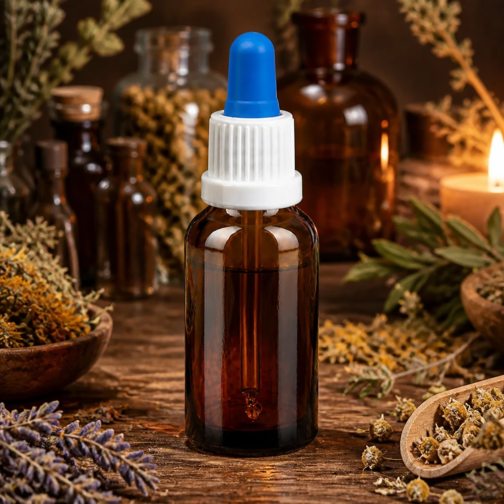 Kompaktowa butelka z zakraplaczem o pojemności 20 ml wykonana z bursztynowego szkła chroniącego przed promieniowaniem UV z praktyczną zakrętką z pipetą