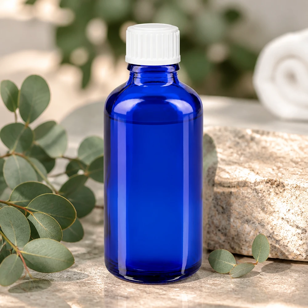 Butelka apteczna niebieska 50ml zakrętka biała szt. Kobaltowo-niebieska butelka apteczna o pojemności 50 ml z białym zamknięciem zabezpieczającym przed dziećmi, wykonana ze szkła borokrzemowego