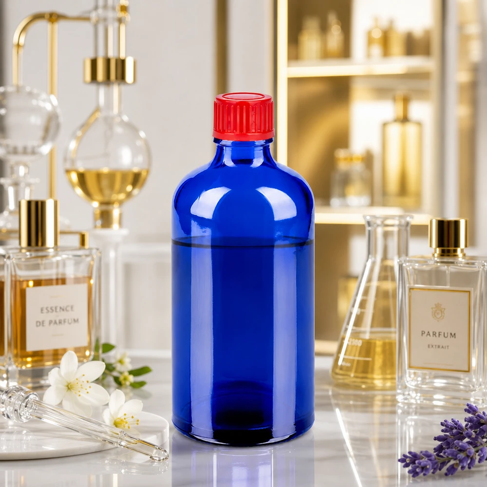 Butelka 100 ml 11 mm SV czerwona STD BlueLine UT18/100 Wysokiej jakości butelka o pojemności 100 ml wykonana z niebieskiego szkła kobaltowego z precyzyjnym gwintem 11 mm STD BlueLine
