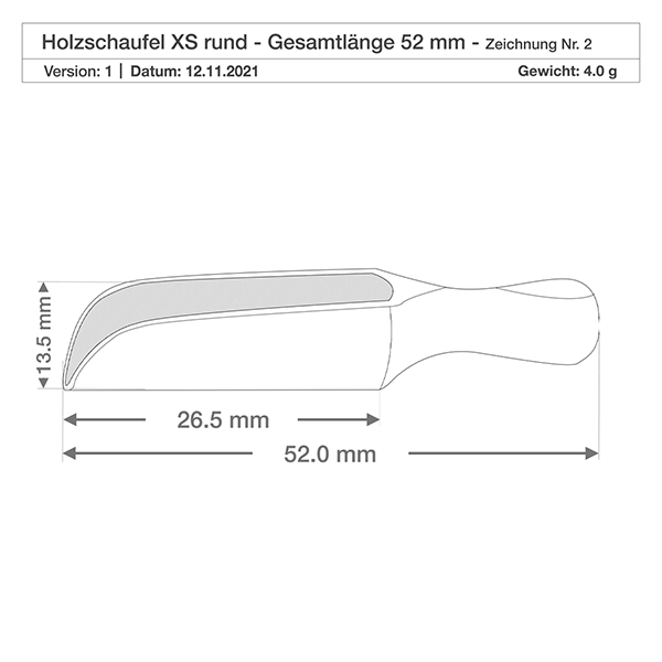 Drewniana łopata w rozmiarze XS o półokrągłym kształcie i długości 5,2 cm Detailzeichnung der kompakten Holzschaufel XS mit 3,5mm Tiefe - ideal für Gewürzdosierung in der Küche