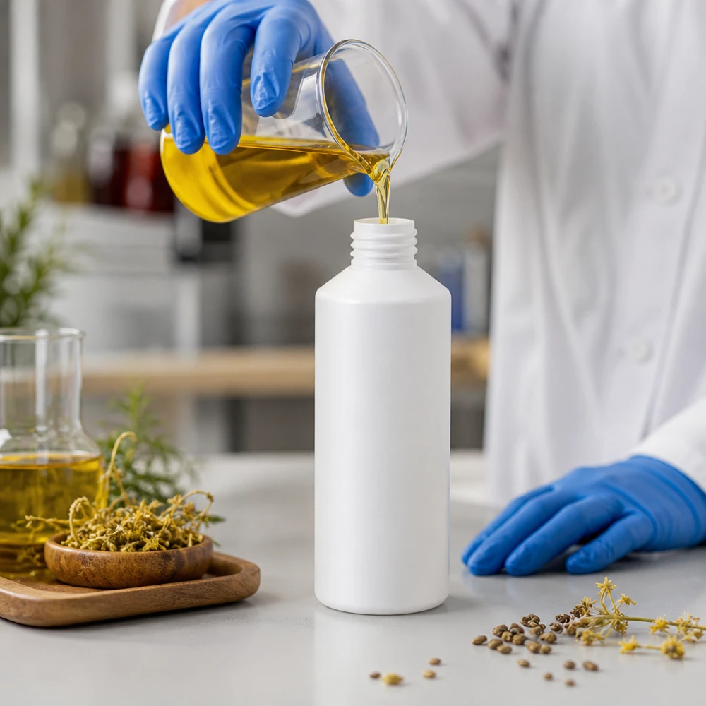 Laborant w białym fartuchu napełnia białą butelkę z HDPE o pojemności 100 ml żółtym ekstraktem roślinnym