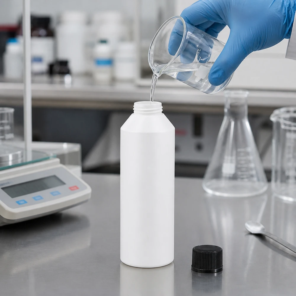 Laborant napełnia białą butelkę apteczną z HDPE o pojemności 250 ml przezroczystym płynem, mając na rękach niebieskie rękawiczki jednorazowe