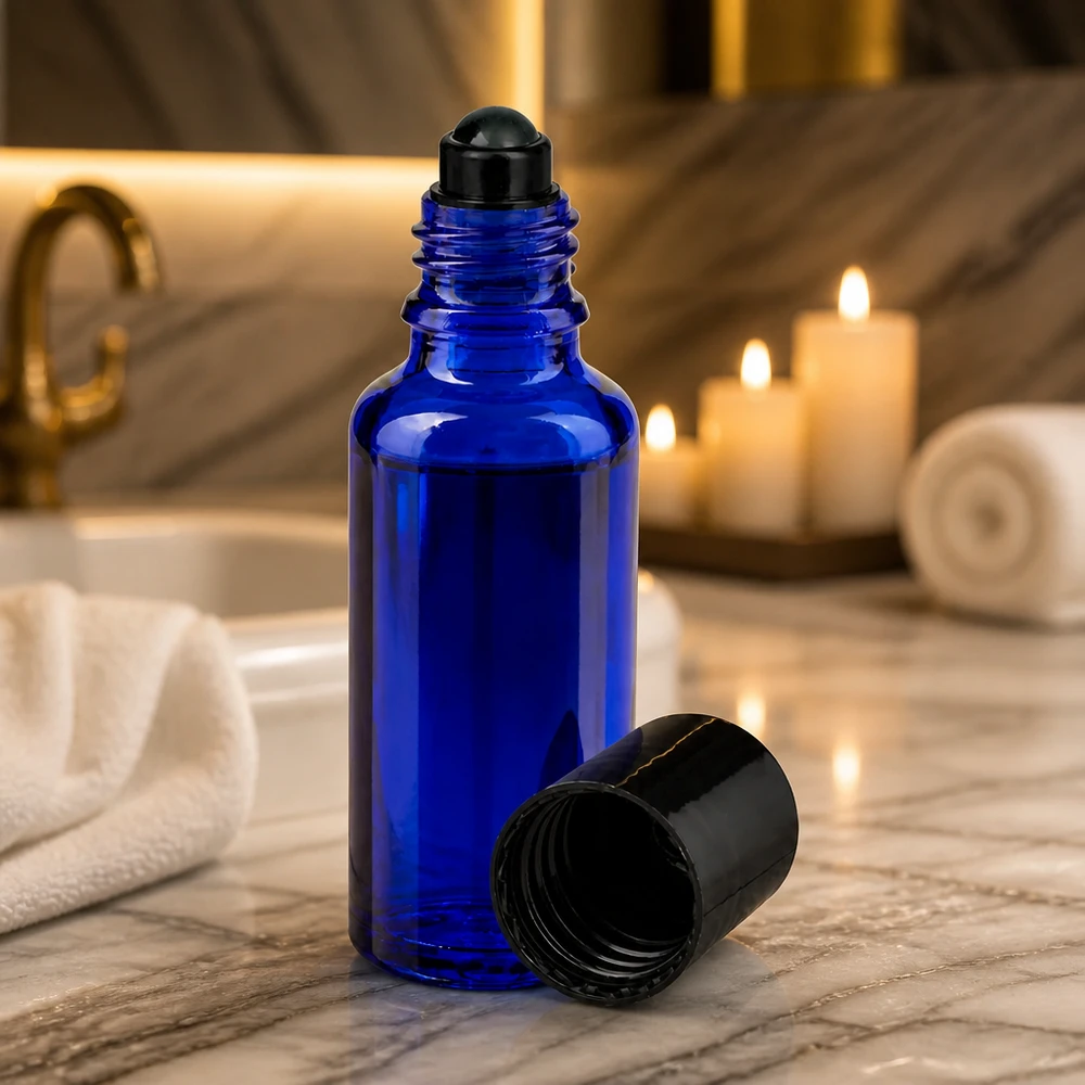Kobaltowo-niebieska buteleczka z kulką o pojemności 30 ml, wykonana ze szkła aptecznego, z czarną kulką