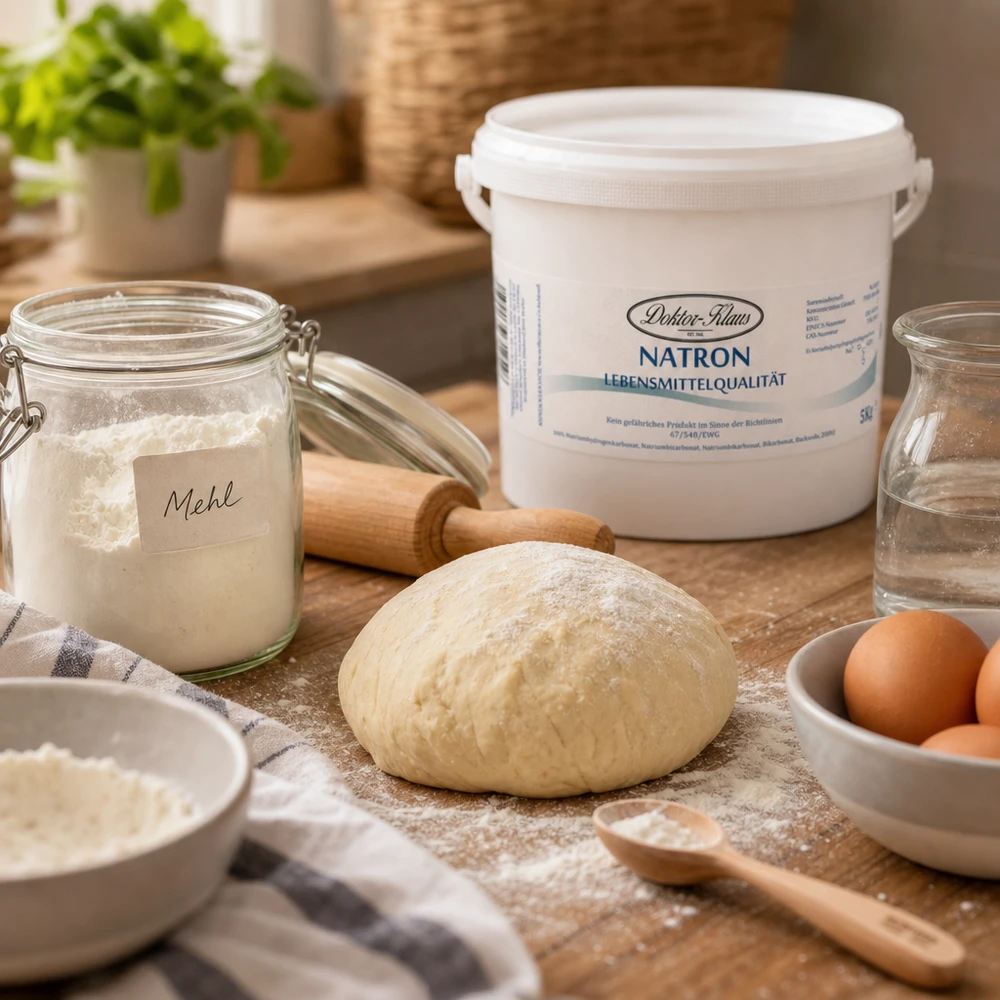 Natron Doktor Klaus 5 kg do pieczenia ciasta, mąki i jajek na rustykalnych powierzchniach drewnianych