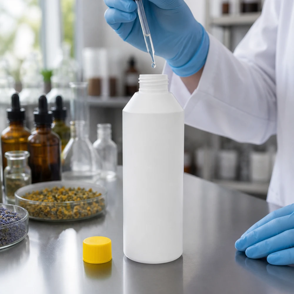 Laborant napełnia białą plastikową butelkę o pojemności 250 ml za pomocą pipety w pomieszczeniu czystym