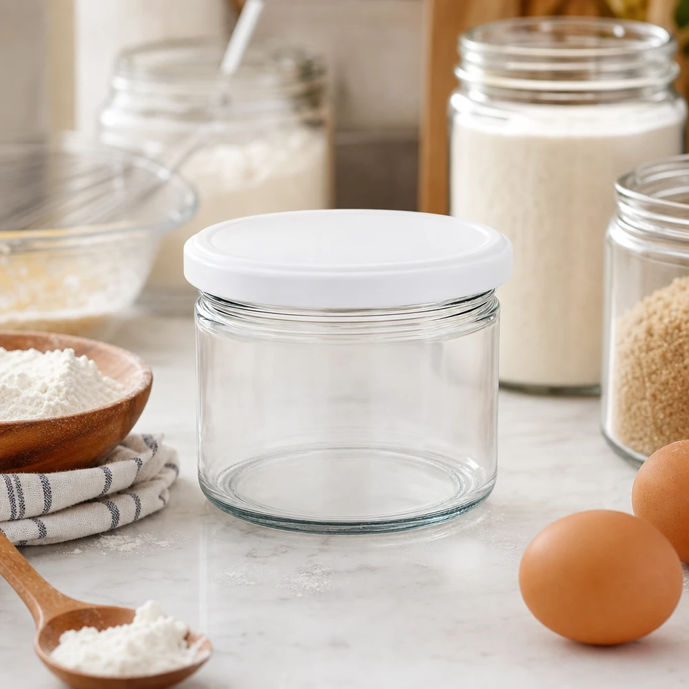Słoik okrągły 540 ml z pokrywką BasicSeal biała UNiTWIST 540ml Rundglas BasicSeal weiß in stylischer Küche mit Backzutaten - elegantes Vorratsglas für Mehl und Backen