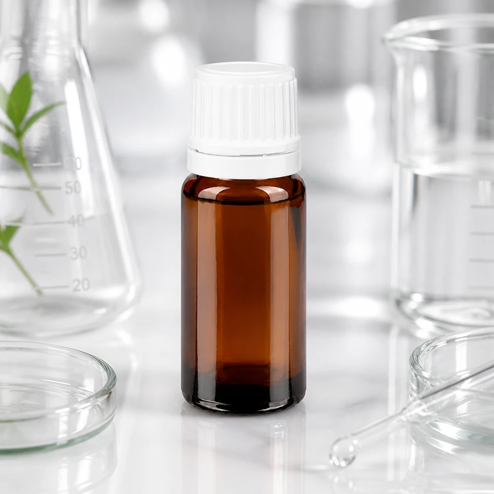 Szklana buteleczka o pojemności 10 ml w kolorze bursztynowym, z białą zakrętką i precyzyjnym otworem kroplowym o średnicy 0,7 mm