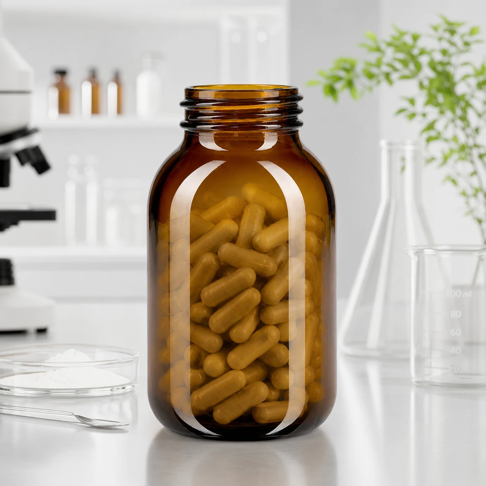 Butelka z szeroką szyjką 500 ml z bursztynowego szkła Wysokiej jakości butelka z szeroką szyjką o pojemności 500 ml wykonana z bursztynowego szkła chroniącego przed promieniowaniem UV dla optymalnego przechowywania
