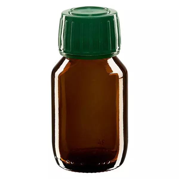 Butelka na lek 50 ml brązowa, zakrętka zielona z pierścieniem ApoGlas. Farmaceutyczna jakość produkcji UE. Gwint 28 mm (PP28). (syrop, butelka z lekkiego szkła) Butelka na lek 50 ml brązowa, zakrętka zielona z pierścieniem ApoGlas. Farmaceutyczna jakość produkcji UE. Gwint 28 mm (PP28). (syrop, butelka z lekkiego szkła)