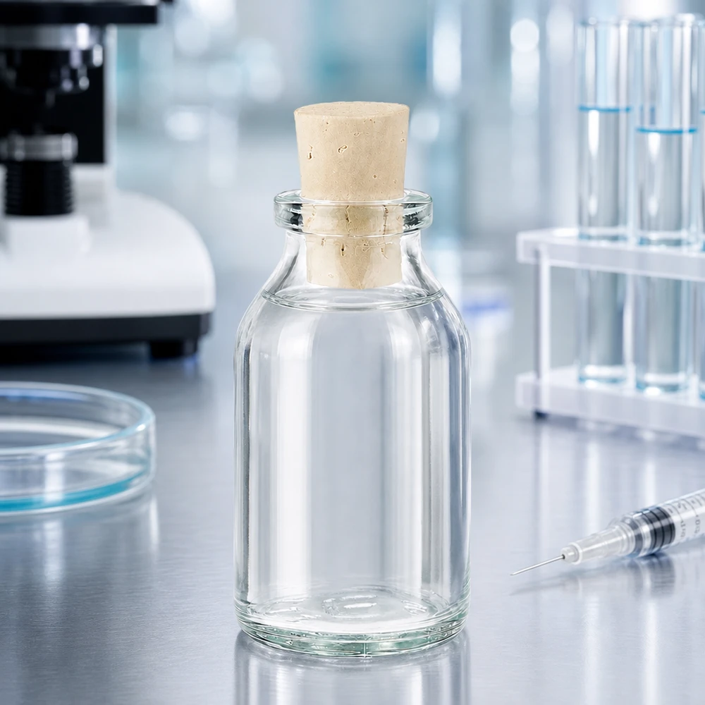 Przezroczysta szklana butelka 20 ml z korkiem 11/14 mm Leere transparente 20ml Flasche mit Korkstopfen als Probenbehälter im Wissenschaftslabor