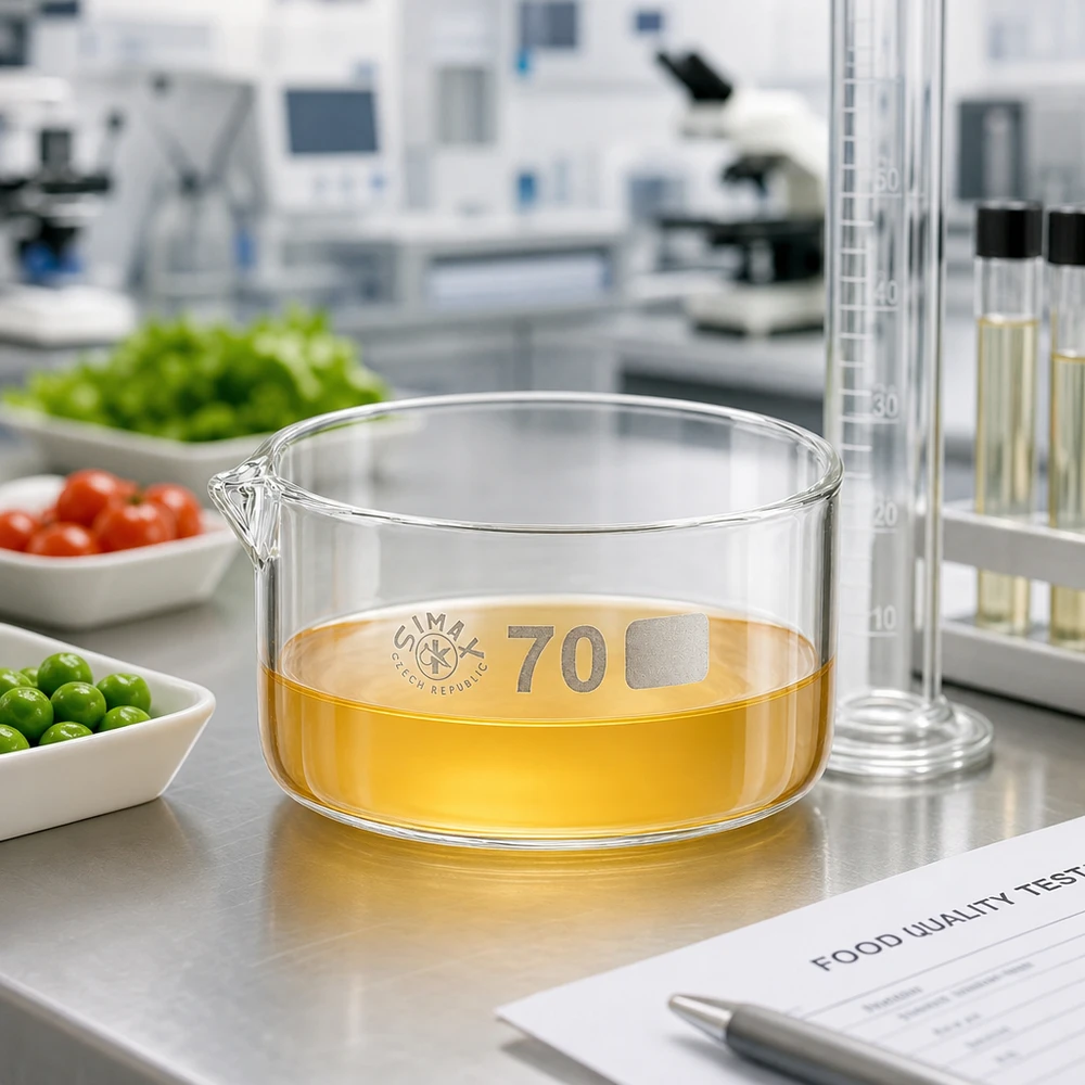 Miska krystalizacyjna Simax 70 mm z żółtą zawartością na laboratoryjnym blacie ze stali nierdzewnej obok produktów spożywczych