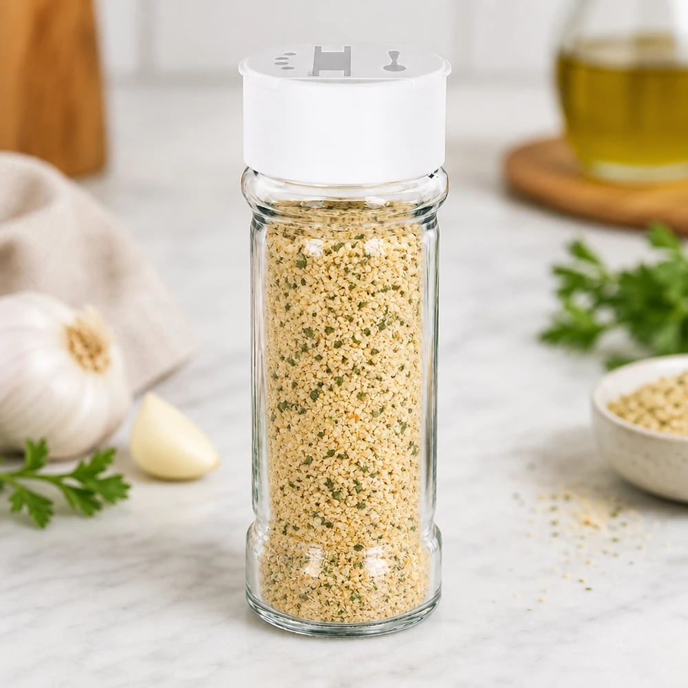 Słoik na sól/przyprawy 100 ml z podwójną dozownicą, biały Przezroczysty słoik ze szkła solnego o pojemności 100 ml z białą plastikową pokrywką, wypełniony solą czosnkową i ziołami