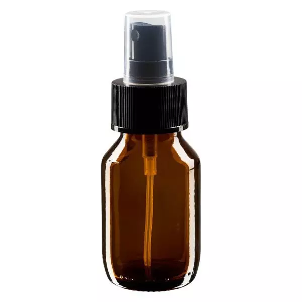 Butelka na lek 50 ml brązowa, z pompką rozpylającą czarną ApoGlas. Farmaceutyczna jakość produkcji UE. Gwint 28 mm (PP28). (syrop, butelka z lekkiego szkła)