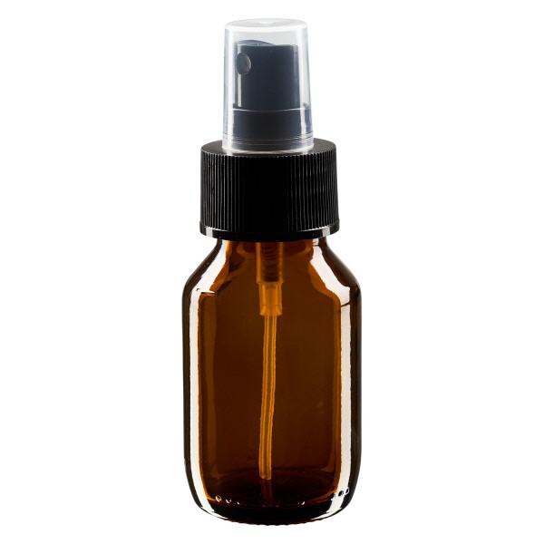 Butelka na lek 50 ml brązowa, z pompką rozpylającą czarną ApoGlas. Farmaceutyczna jakość produkcji UE. Gwint 28 mm (PP28). (syrop, butelka z lekkiego szkła) Butelka na lek 50 ml brązowa, z pompką rozpylającą czarną ApoGlas. Farmaceutyczna jakość produkcji UE. Gwint 28 mm (PP28). (syrop, butelka z lekkiego szkła)