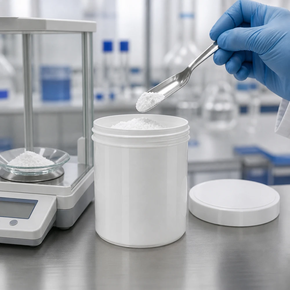 Słoik na maść 800g biały z białą zakrętką (PP) Pracownik laboratorium napełnia białą plastikową butelkę o pojemności 800 g z zakrętką za pomocą metalowej łopatki