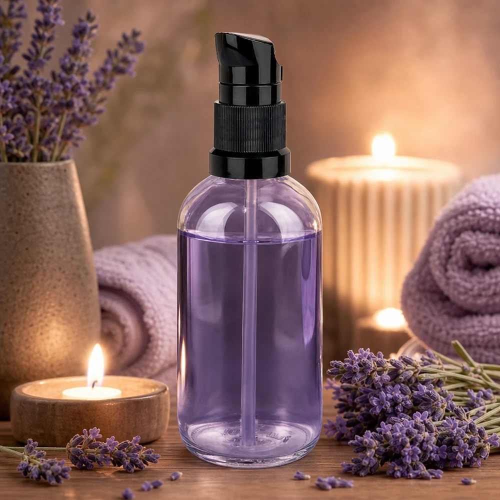 ClearLine UT18 – butelka z dozownikiem 100 ml, czarna pompka, zawartość w kolorze lawendowym, klimat spa i wellness