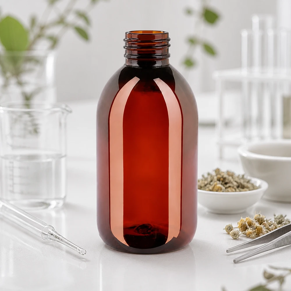 Pusty, brązowy flakonik medyczny o pojemności 250 ml, bez nakrętki, wykonany z tworzywa PET, przeznaczony do przechowywania płynów