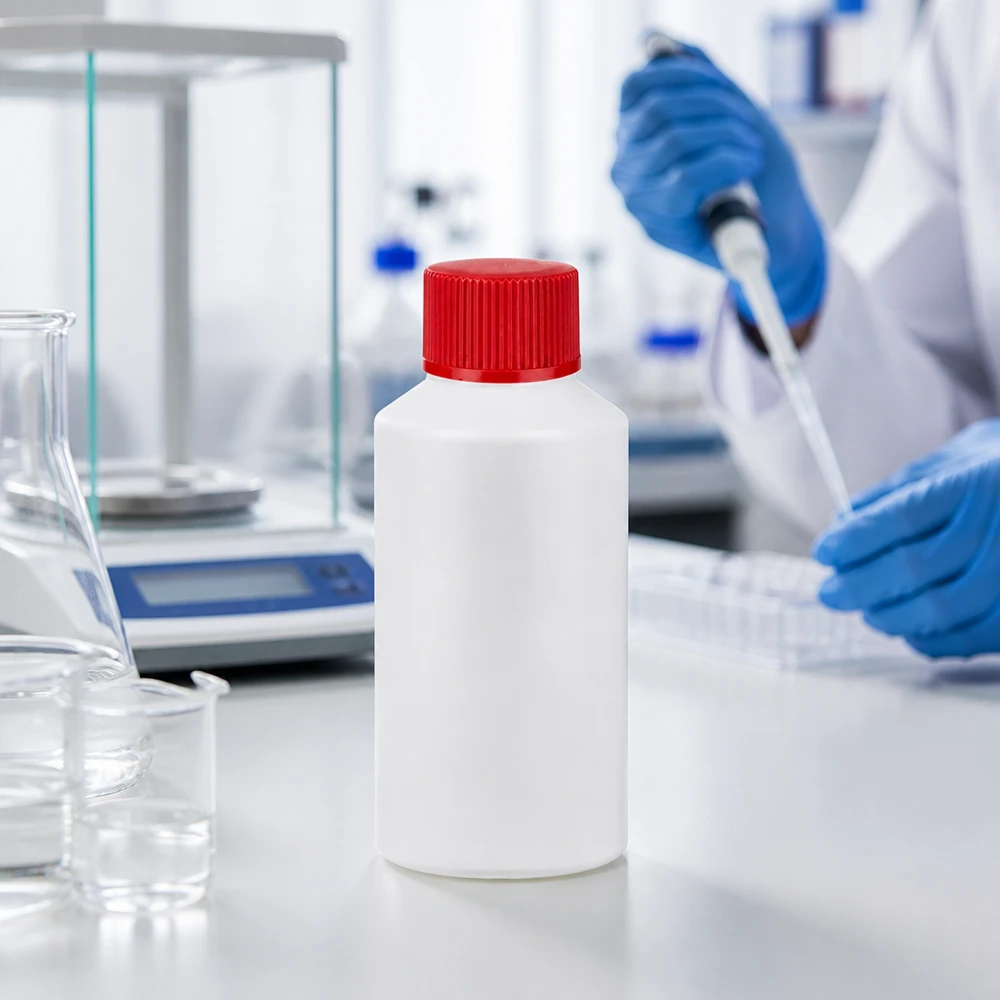 Mała biała plastikowa buteleczka o pojemności 50 ml z czerwoną nakrętką obok wagi analitycznej w laboratorium badawczym