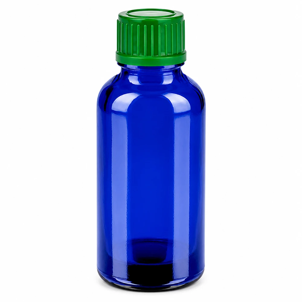Butelka 30 ml 11 mm SV zielona STD BlueLine UT18/30 Niebieska szklana butelka 30 ml z zieloną zakrętką na olejki eteryczne i leki