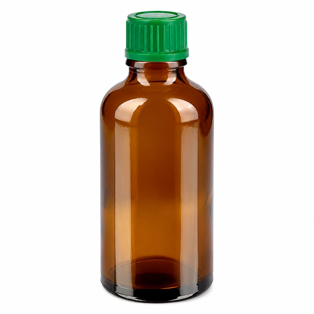Butelka z bursztynowego szkła o pojemności 50 ml z zieloną zakrętką na leki i kosmetyki