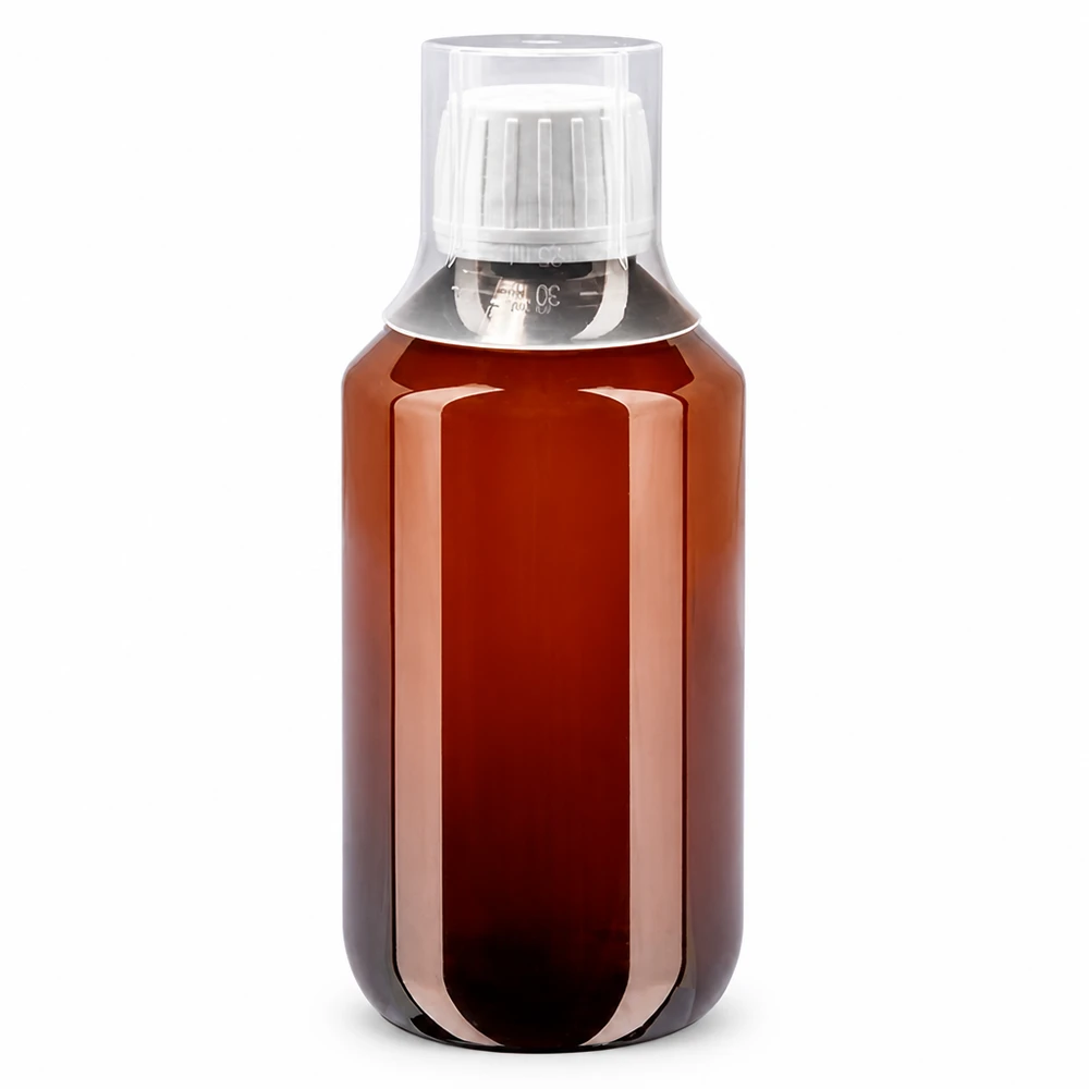 Butelka PET 200ml z białą nakrętką OV + kubek Zylindrische PET Flasche 200ml mit weißem Sicherheitsverschluss und klarem Messbecher