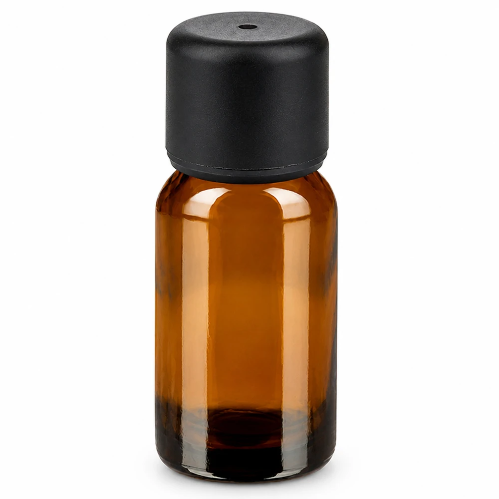 Butelka 10 ml 6 mm SV czarna STD BrownLine UT18/10 Butelka z bursztynowego szkła o pojemności 10 ml z czarną zakrętką do olejków eterycznych i kosmetyków