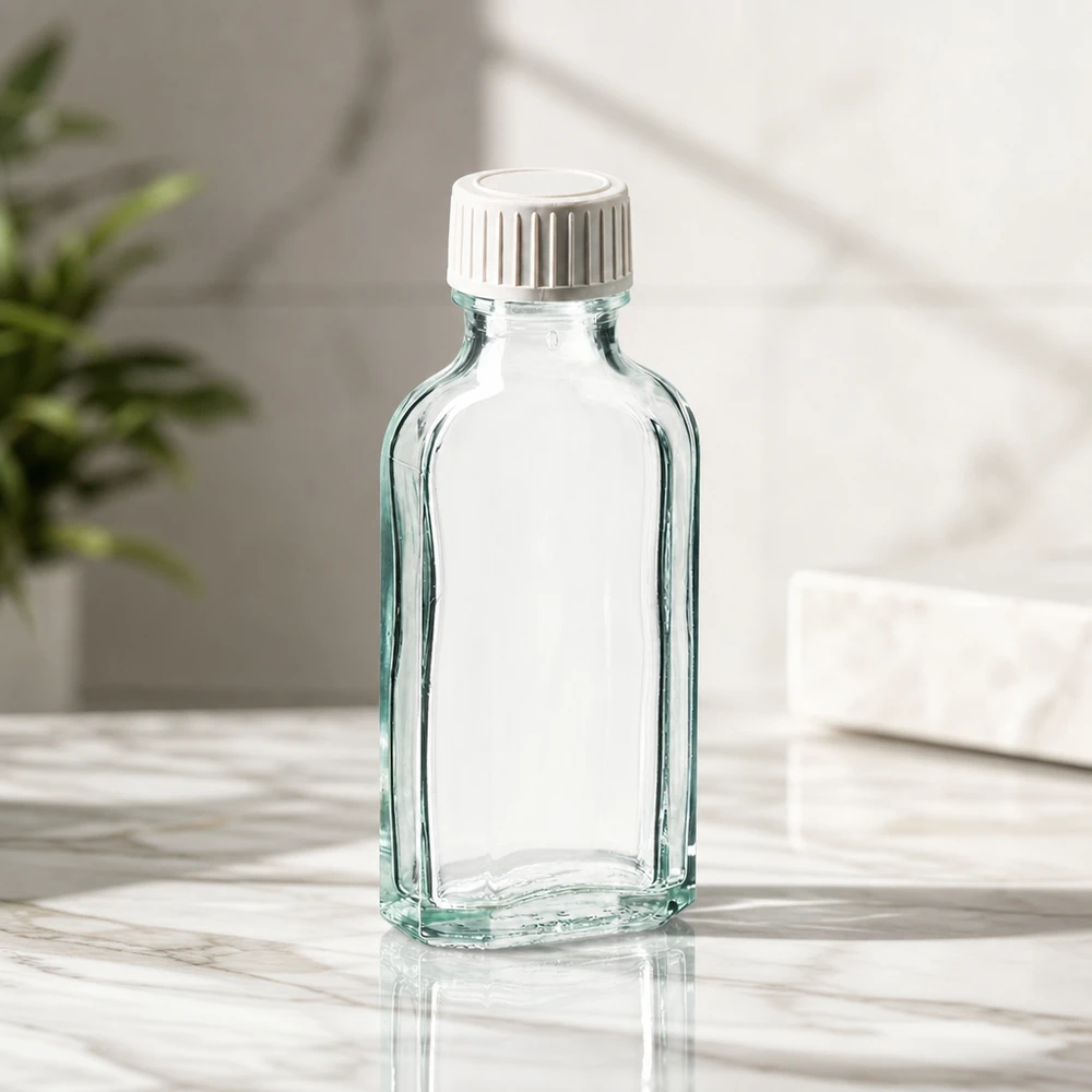 Pusta, przezroczysta butelka Meplat o pojemności 50 ml z wkładką z pianki PE na marmurowym podłożu