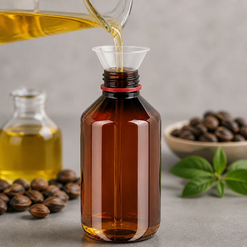 Butelka PET 200 ml z białą/czerwoną nakrętką OV Brązowa butelka PET o pojemności 200 ml z oryginalnym czerwonym zamknięciem podczas napełniania olejem roślinnym za pomocą lejka
