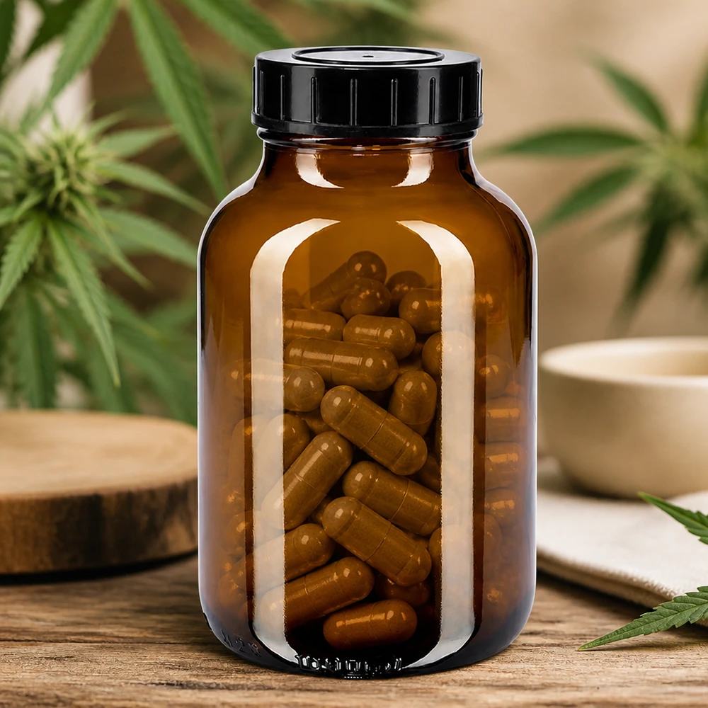 Butelka z szeroką szyjką o pojemności 1000 ml z bursztynowego szkła z zakrętką Butelka z szeroką szyjką o pojemności 1000 ml z bursztynowego szkła z zakrętką
