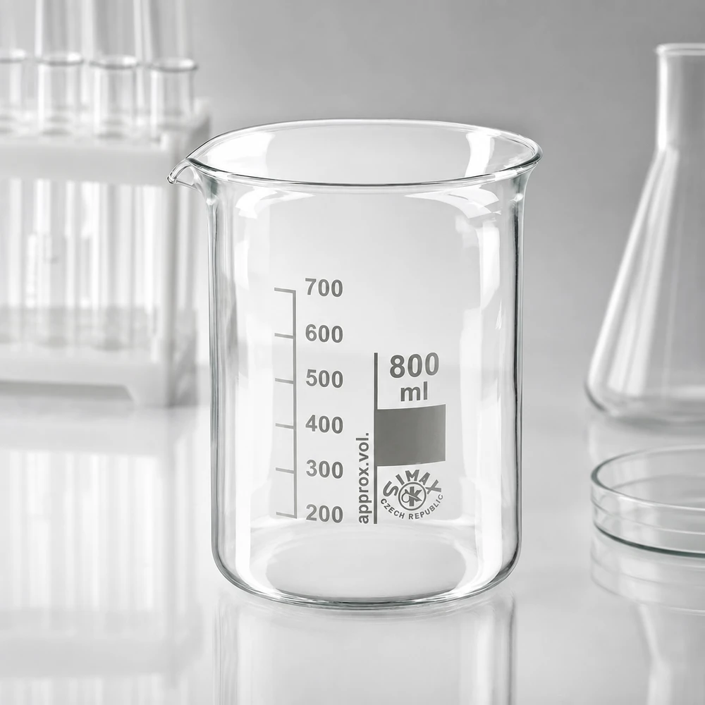 Przezroczysta zlewka ze szkła borokrzemowego o pojemności 800 ml z wyraźną skalą mililitrową do dokładnych pomiarów
