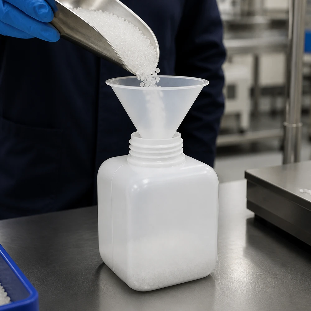 Butelka z PE-HD o pojemności 250 ml, z szeroką szyjką, zastosowanie laboratoryjne, granulat w postaci proszku, proces napełniania, niebieskie rękawice ochronne