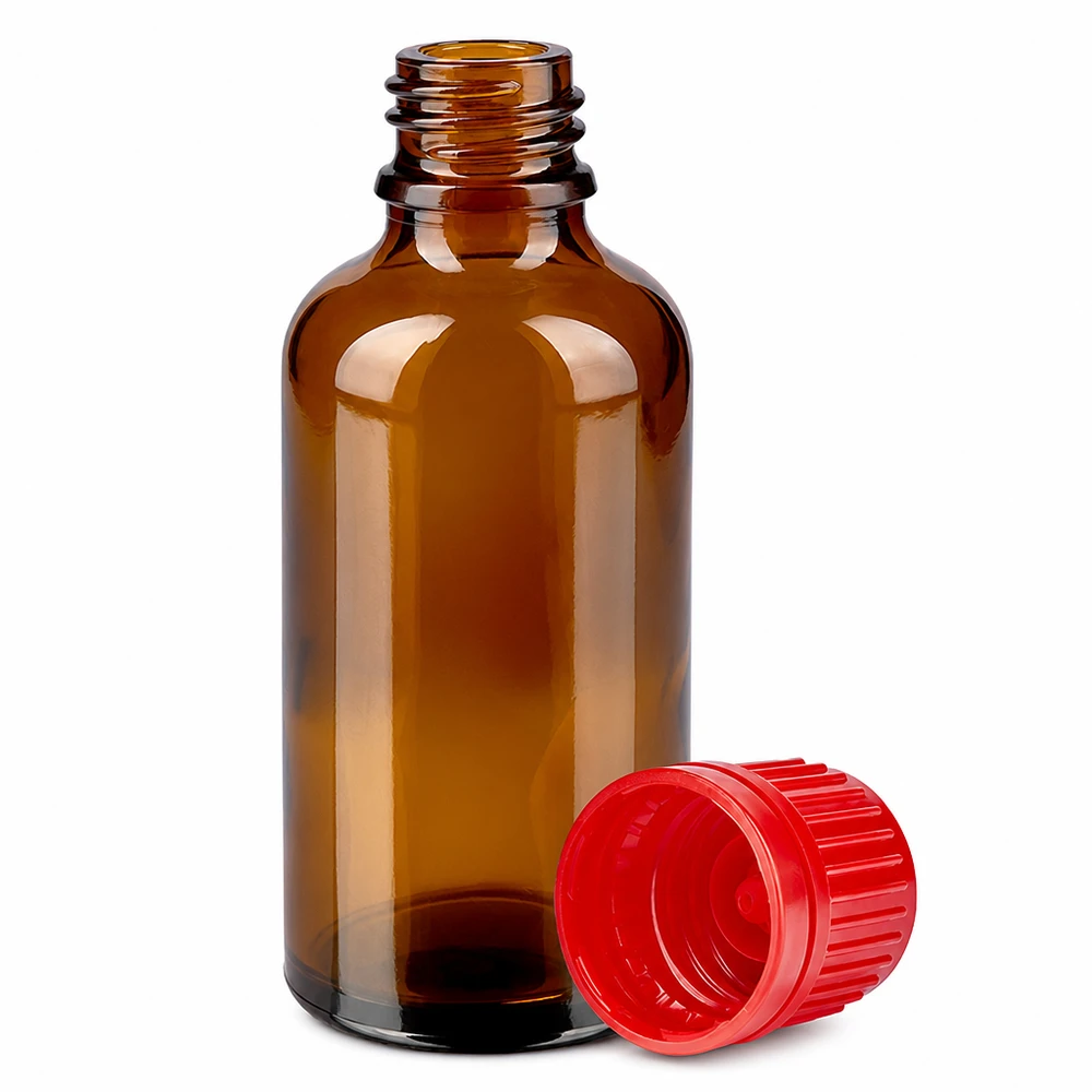 50 ml butelka z bursztynowego szkła z gwintem 11 mm i czerwoną zakrętką do leków i kropli