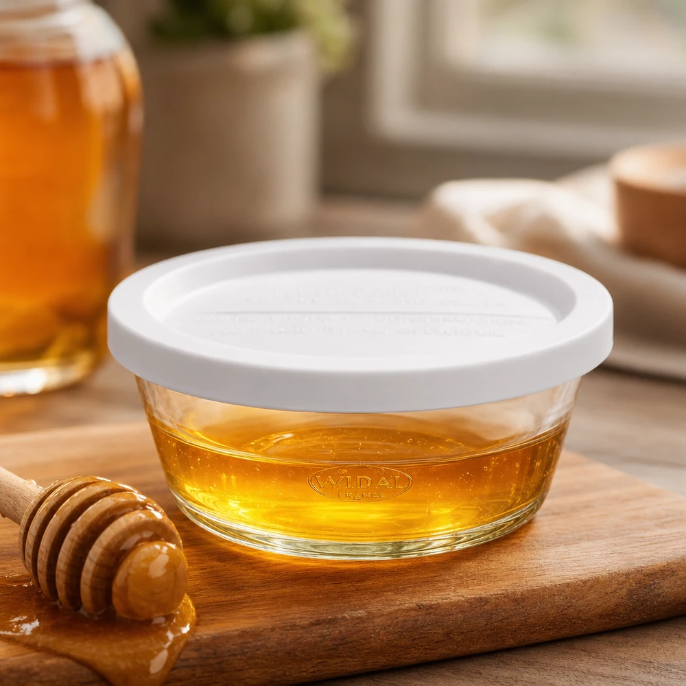 Słoik WECK RR120 gourmet 300ml wypełniony miodem na drewnianej desce z łyżką miodu jako przykład użycia