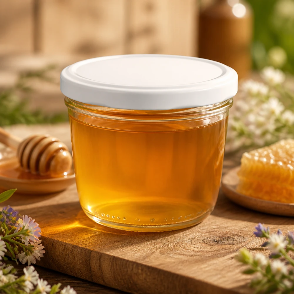 Kubki o pojemności 230 ml wypełnione miodem na drewnianej desce - idealne do pszczelarstwa i przechowywania naturalnej żywności