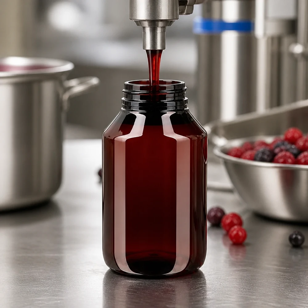 Proces napełniania butelki PET o pojemności 50 ml z czerwonym zamknięciem odgazowującym w warunkach przemysłowych