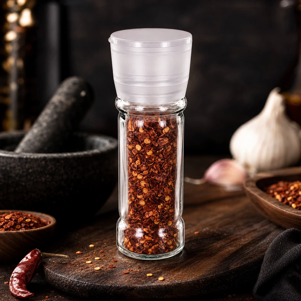 Przezroczysty szklany słoik na przyprawy o pojemności 100 ml z białym młynkiem, wypełniony czerwonymi płatkami chili i nasionami