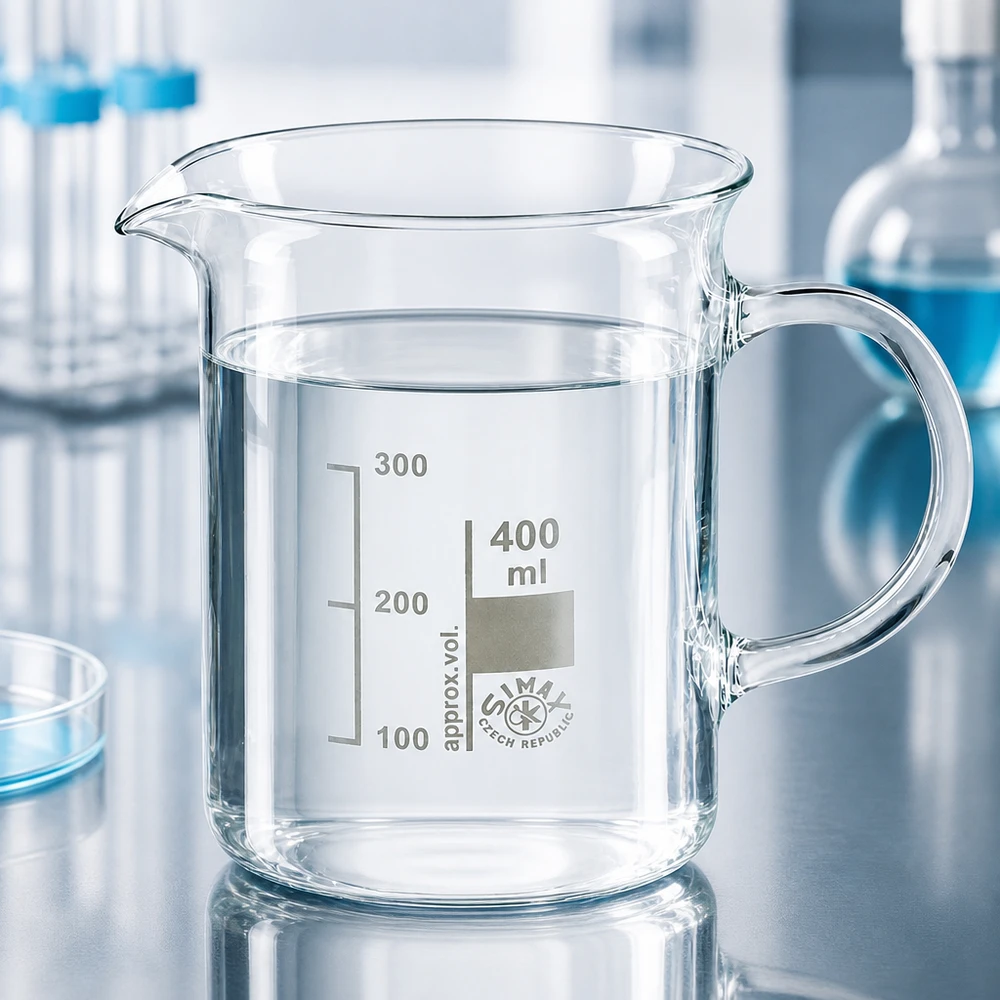 Zlewka 400 ml ze szkła borokrzemowego, z uchwytem Przezroczysta zlewka laboratoryjna o pojemności 400 ml z uchwytem i wylewką, wykonana z odpornego na wysokie temperatury szkła borokrzemowego