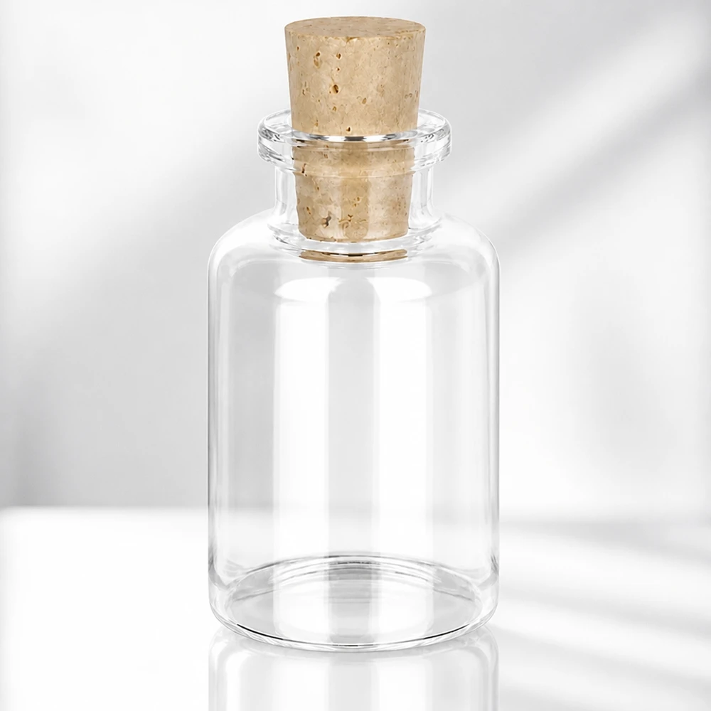 Butelka z przezroczystego szkła 30 ml z korkiem 11/14 mm Glasflasche mit breitem Korpus 30ml und konischem Korken 11/14mm aus natürlichem Material