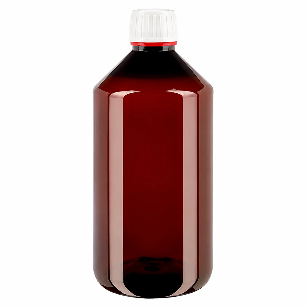 Brązowa butelka PET o pojemności 750 ml z oryginalnym zamknięciem w kolorze białym i czerwonym, przeznaczona dla branży farmaceutycznej i chemicznej
