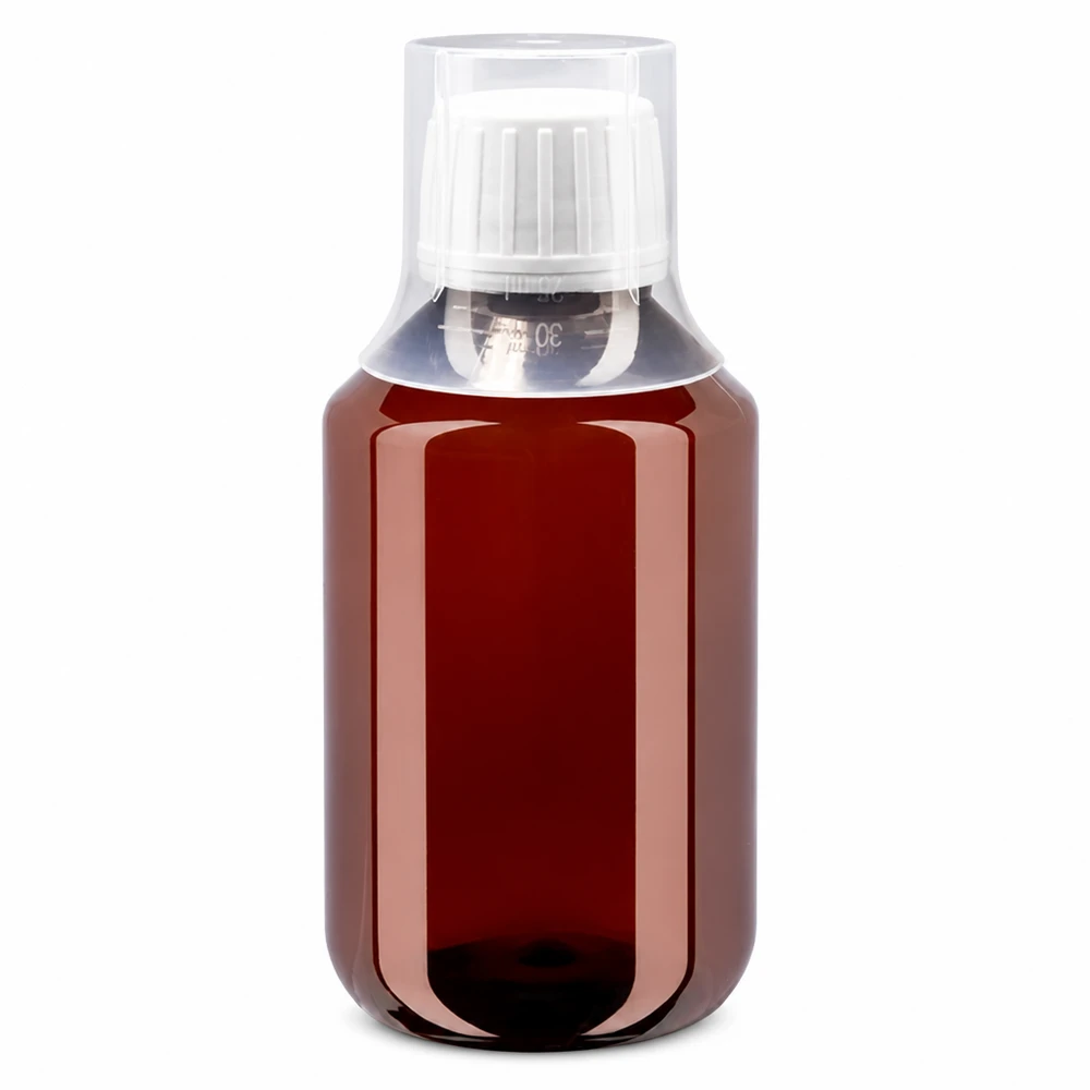 PET Rundflasche 100ml in Braun mit weißem Drehverschluss Originalitätssicherung und Becher